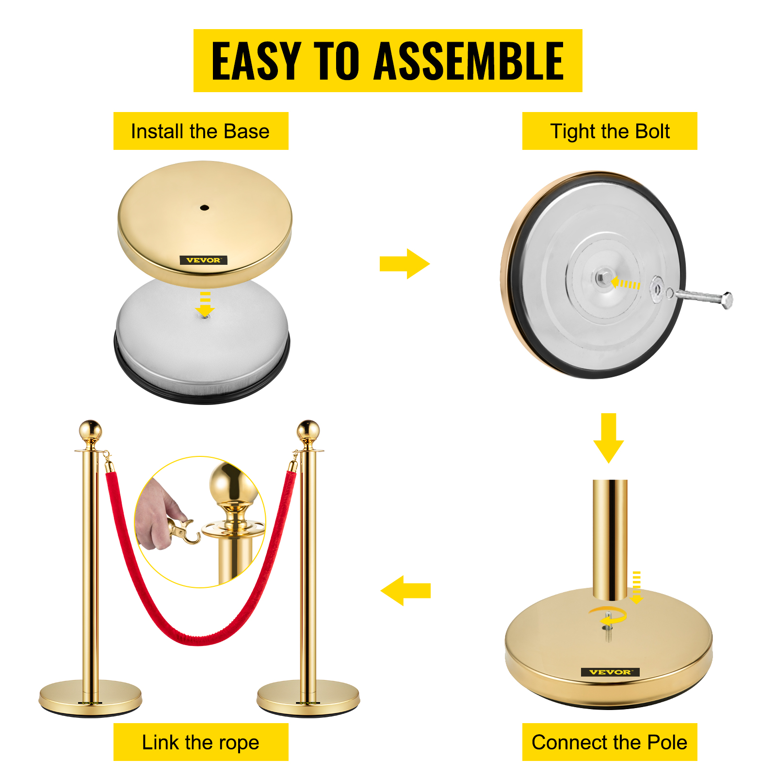 easy assembly steps for VEVOR velvet ropes and posts: install base, tighten bolt, connect pole, link rope.