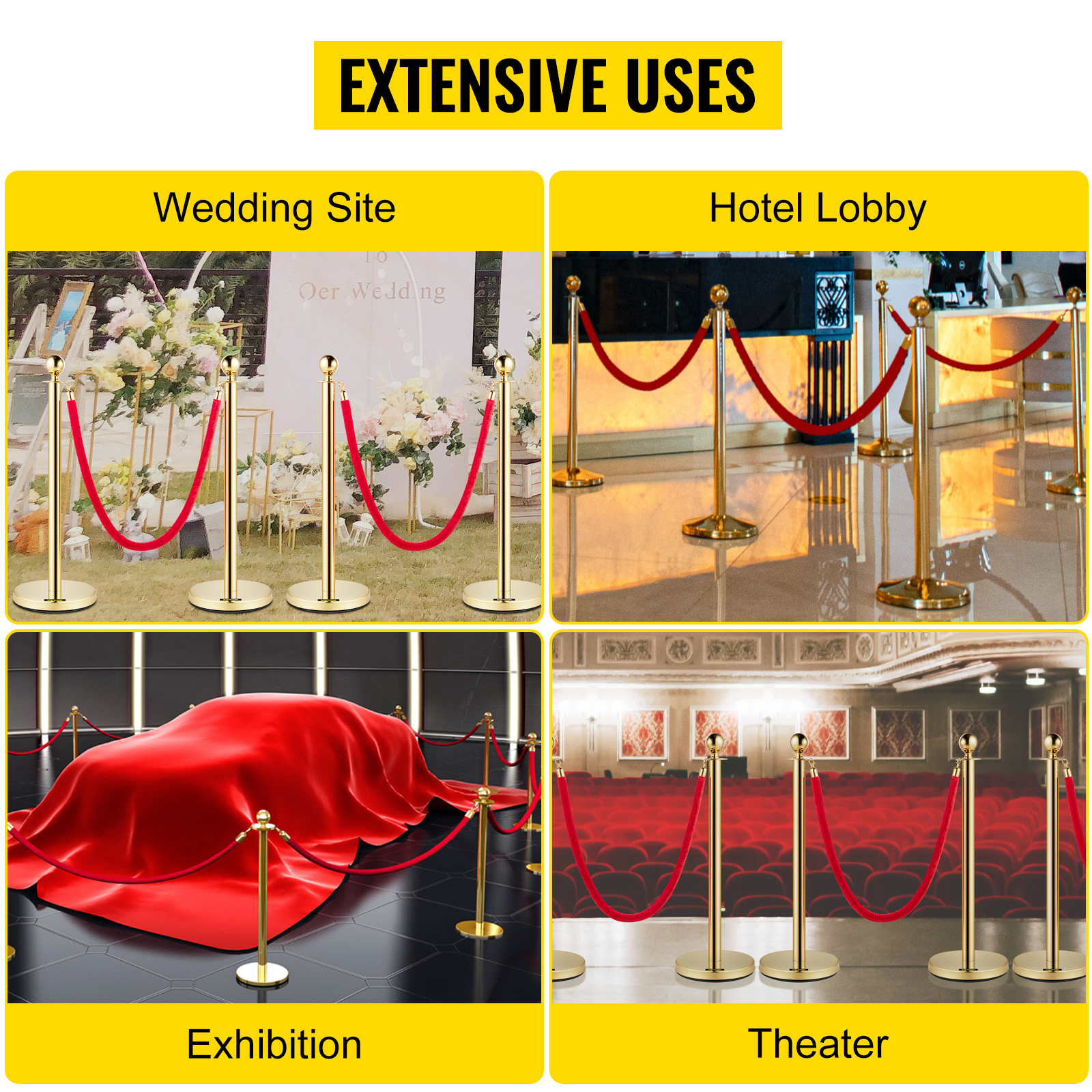 VEVOR velvet ropes and posts at wedding site, hotel lobby, exhibition, and theater.
