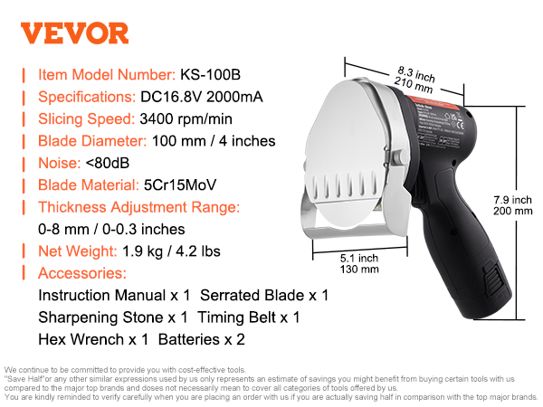 VEVOR electric shawarma knife ks-100b, 3400rpm, 100mm blade, adjustable thickness, 1.9kg lightweight.