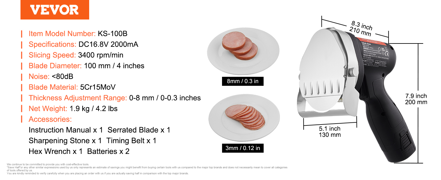 VEVOR electric shawarma knife ks-100b, 3400rpm, 100mm blade, adjustable thickness, 1.9kg lightweight.