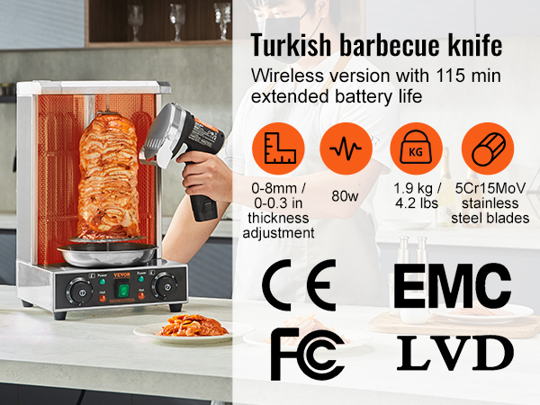 VEVOR electric shawarma knife slicing meat with wireless turkish barbecue knife featuring 115 min battery life.