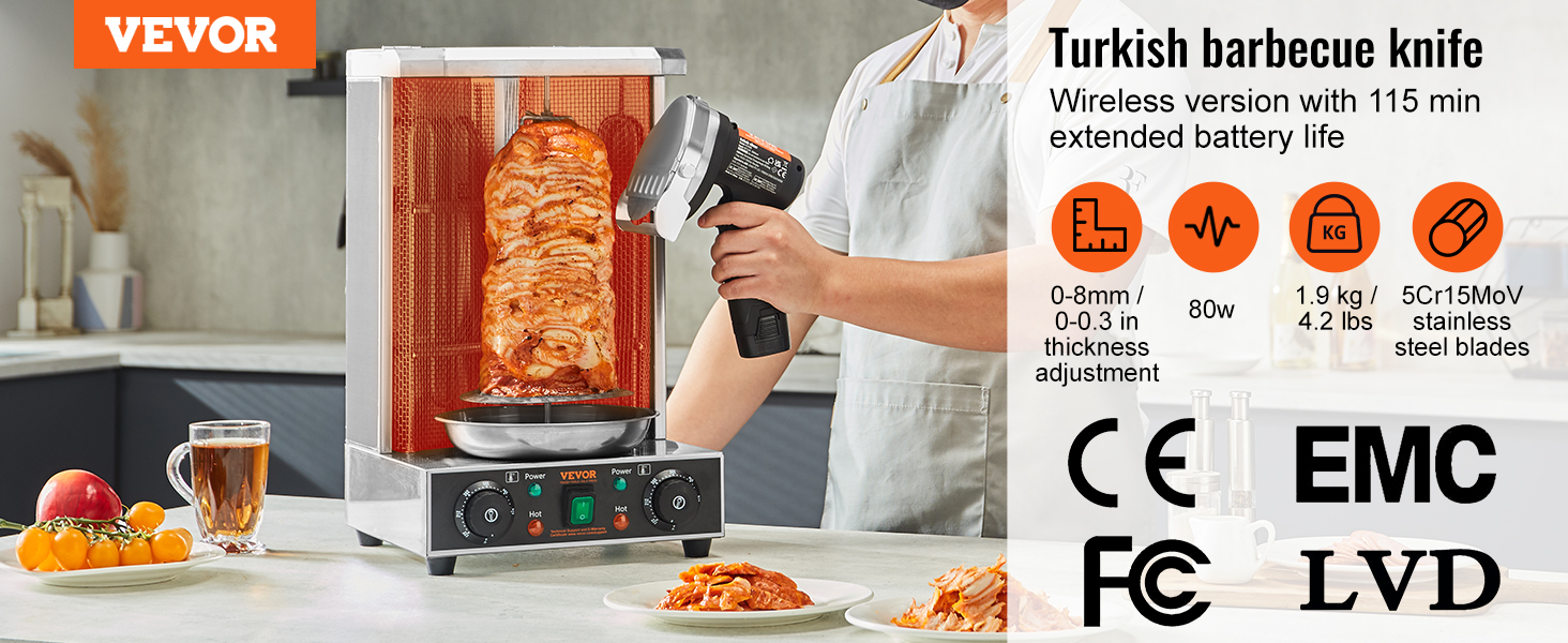 VEVOR electric shawarma knife slicing meat with wireless turkish barbecue knife featuring 115 min battery life.