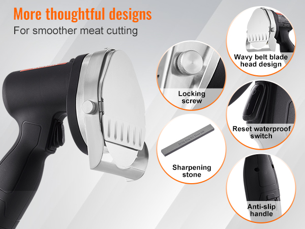 VEVOR electric shawarma knife featuring wavy belt blade, reset switch, anti-slip handle, and sharpening stone.