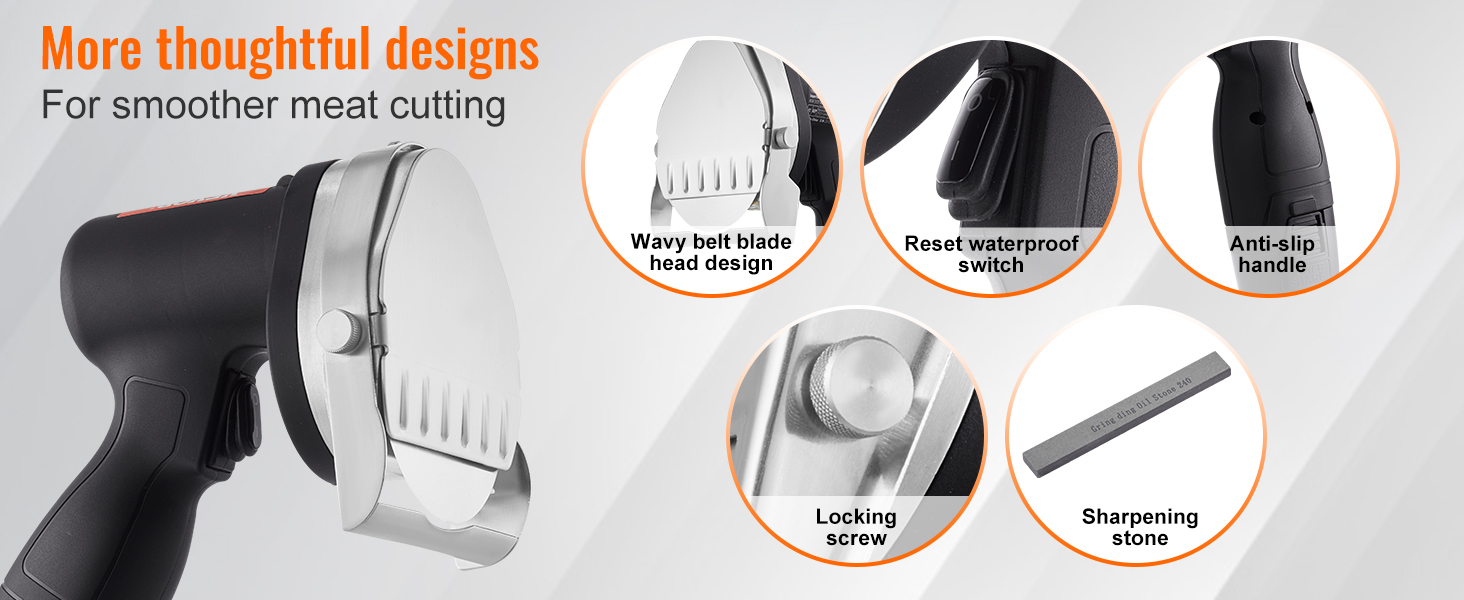 VEVOR electric shawarma knife featuring wavy belt blade, reset switch, anti-slip handle, and sharpening stone.