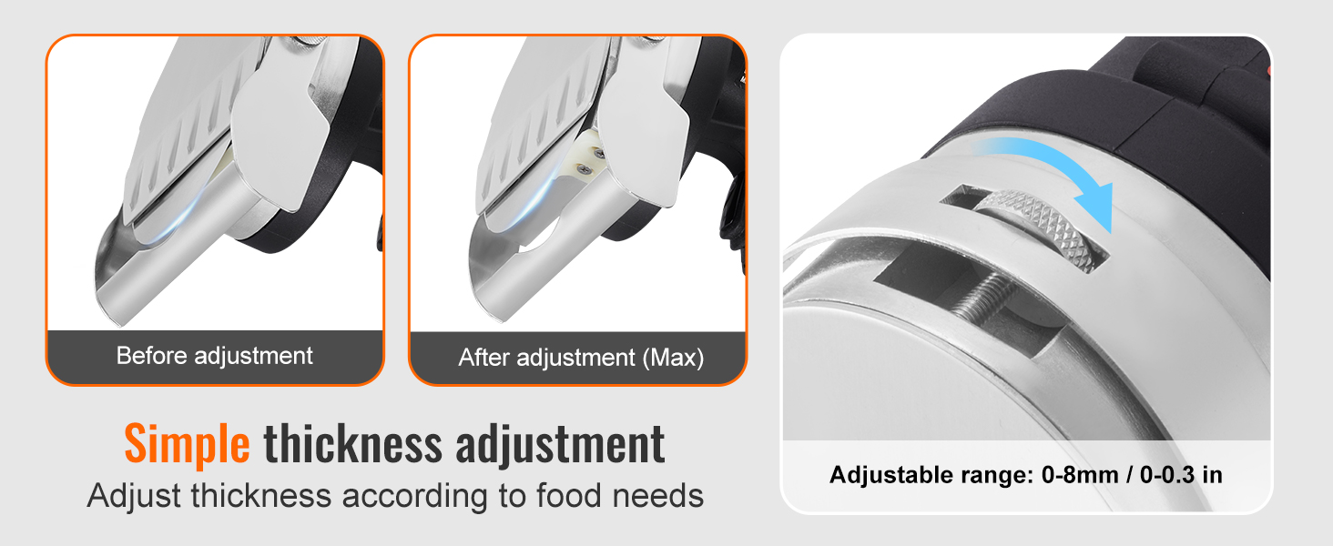 VEVOR electric shawarma knife with adjustable thickness from 0-8mm for customized food slicing.