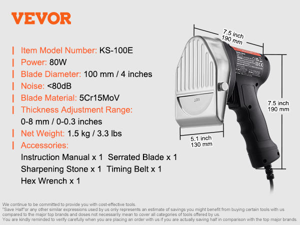 VEVOR electric shawarma knife ks-100e with 80w power, 4-inch blade, 0-0.3 inch thickness adjustment.