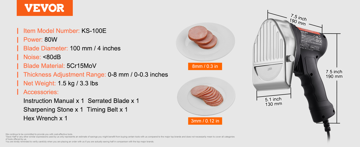 VEVOR electric shawarma knife ks-100e with 80w power, 4-inch blade, 0-0.3 inch thickness adjustment.
