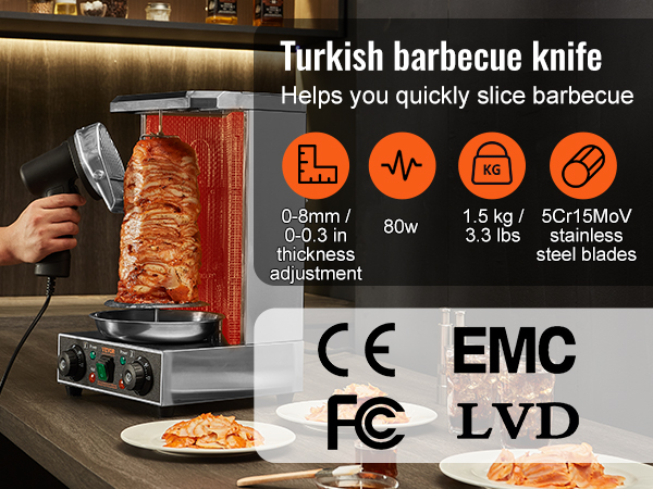 VEVOR electric shawarma knife slicing meat on a vertical rotisserie with specifications and certifications.