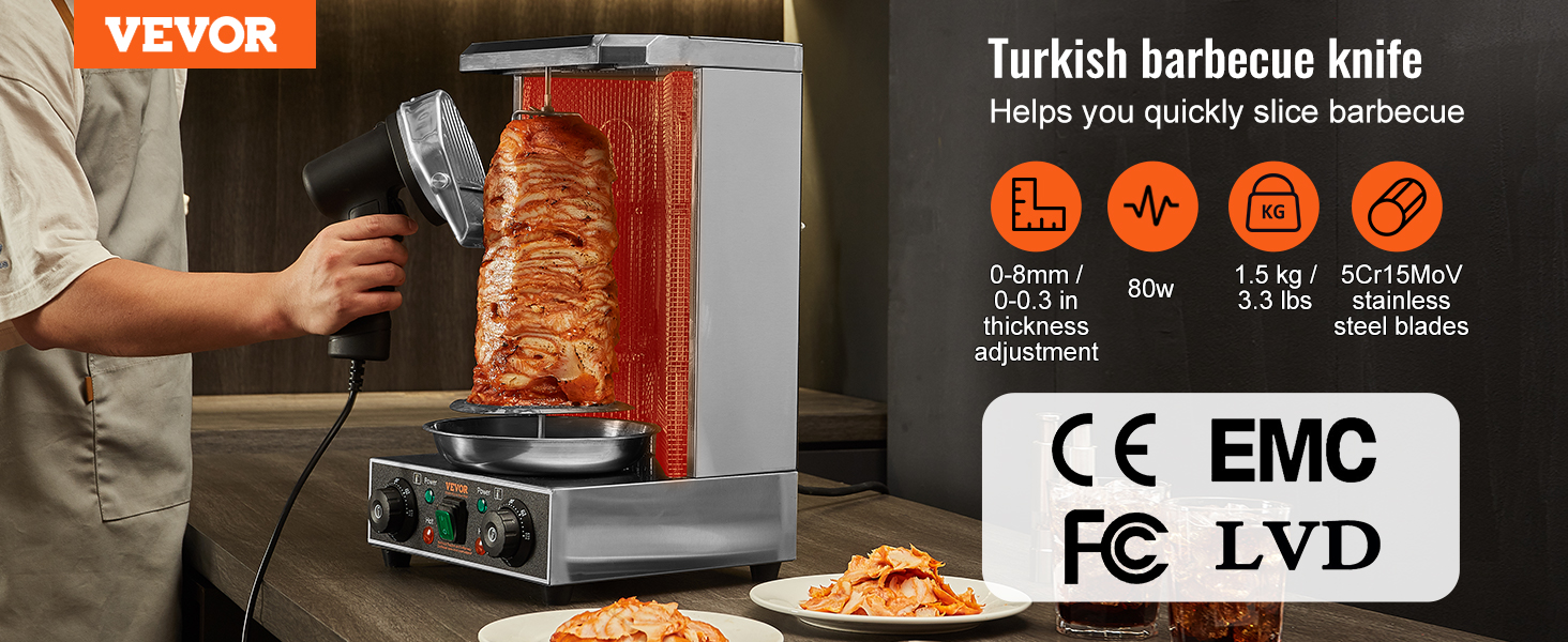 VEVOR electric shawarma knife slicing meat on a vertical rotisserie with specifications and certifications.