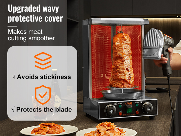 person using VEVOR electric shawarma knife with upgraded protective cover, cutting meat in a kitchen.