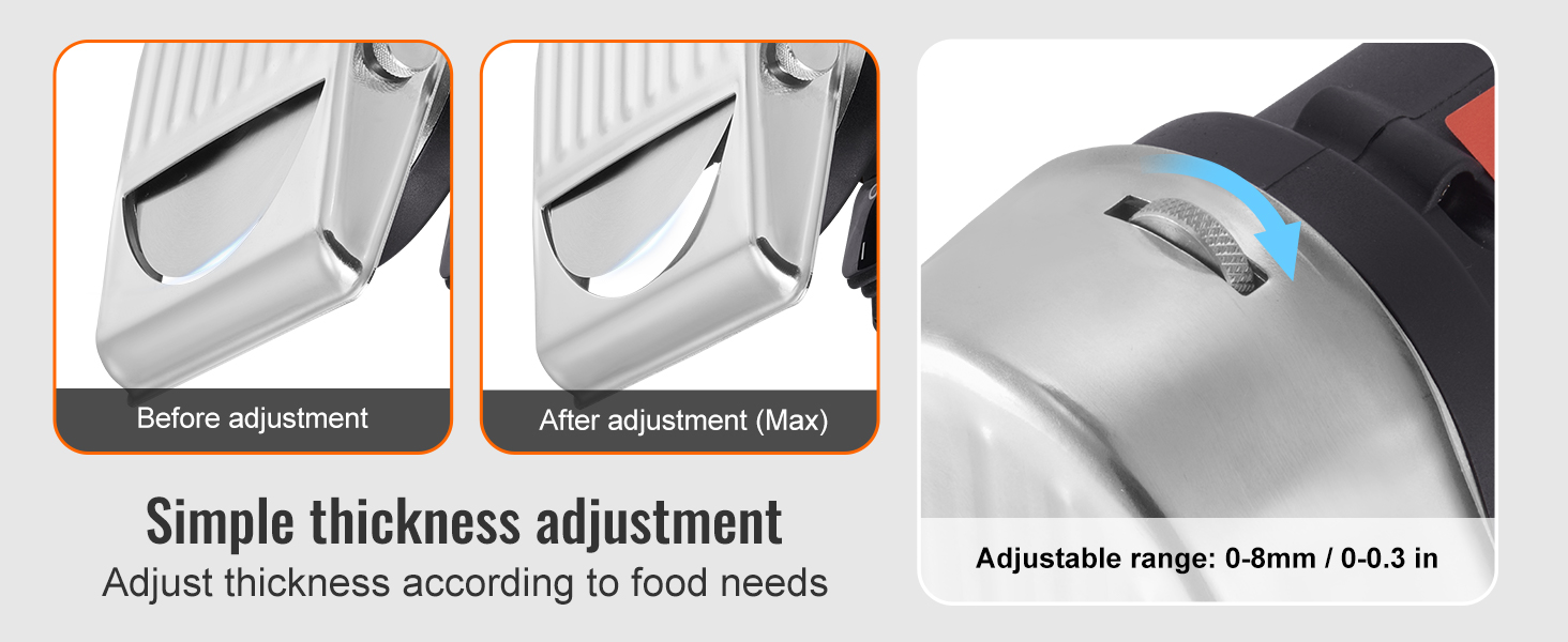 VEVOR electric shawarma knife showcasing adjustable thickness feature from 0-8mm.