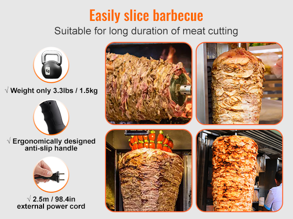 easily slice barbecue with VEVOR electric shawarma knife; ergonomically designed handle and long power cord.