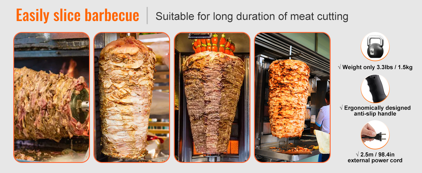 easily slice barbecue with VEVOR electric shawarma knife; ergonomically designed handle and long power cord.