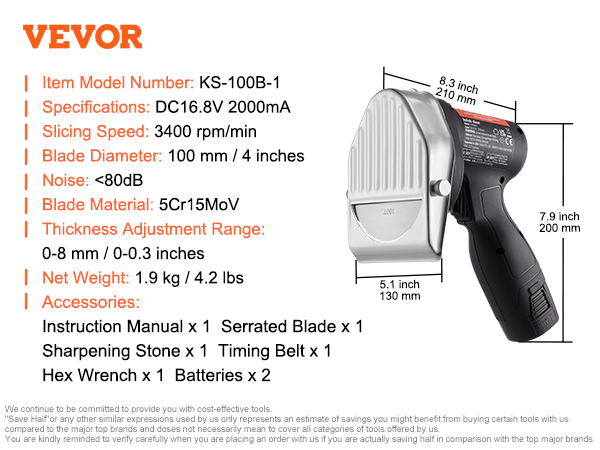 VEVOR electric shawarma knife with a 100 mm blade, slicing speeds up to 3400 rpm, and thickness adjustment.