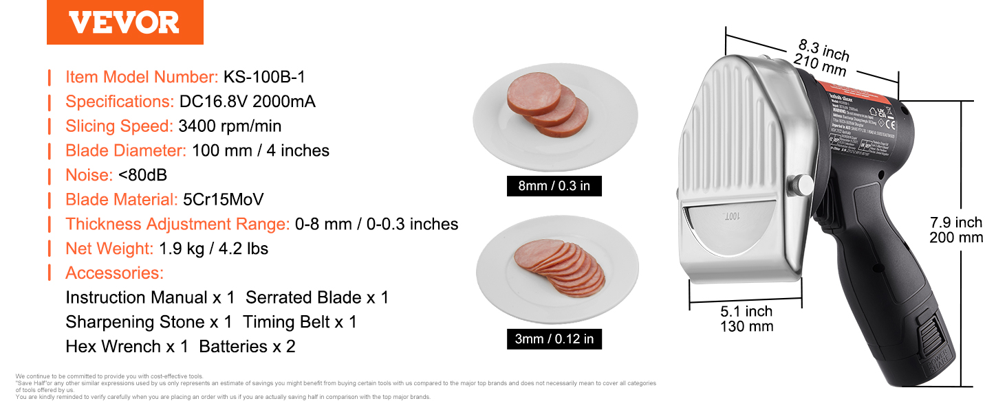 VEVOR electric shawarma knife with a 100 mm blade, slicing speeds up to 3400 rpm, and thickness adjustment.