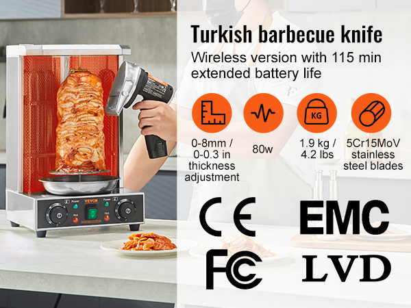 VEVOR electric shawarma knife slicing kebab, wireless with 115 min battery life, adjustable thickness.