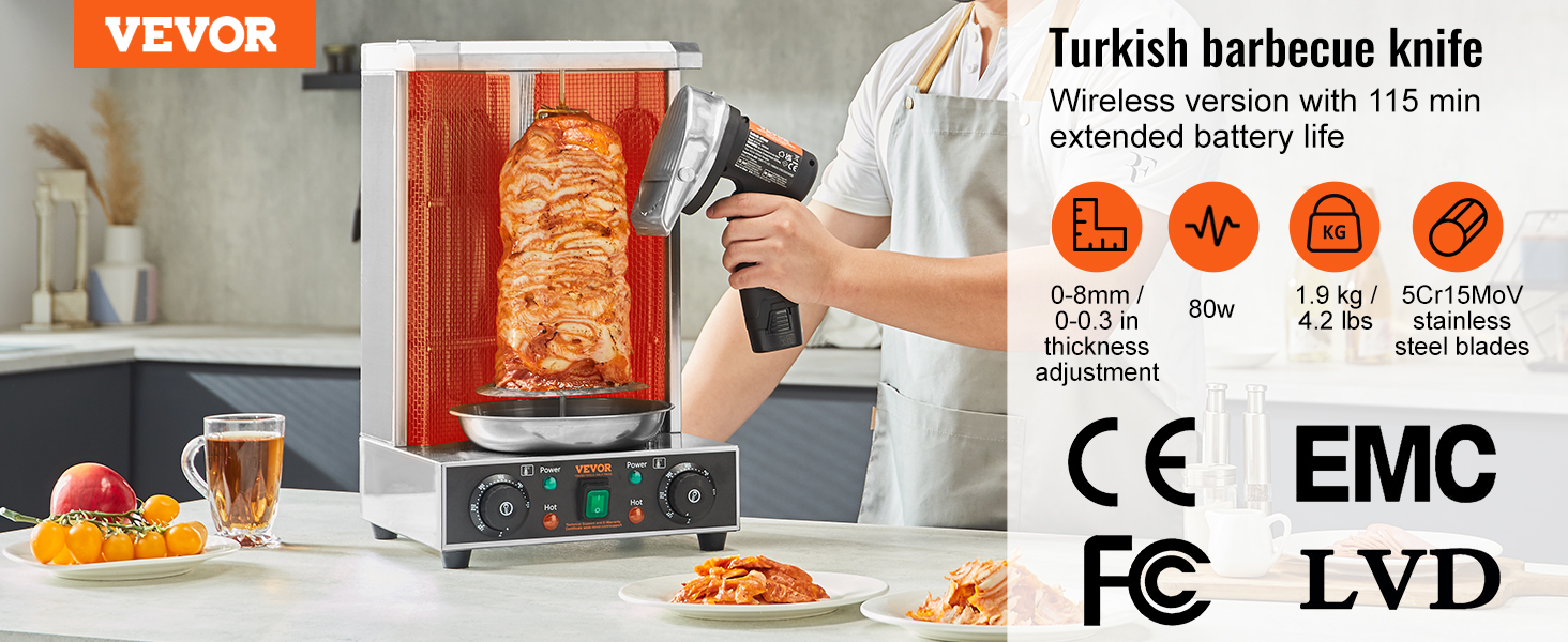 VEVOR electric shawarma knife slicing kebab, wireless with 115 min battery life, adjustable thickness.