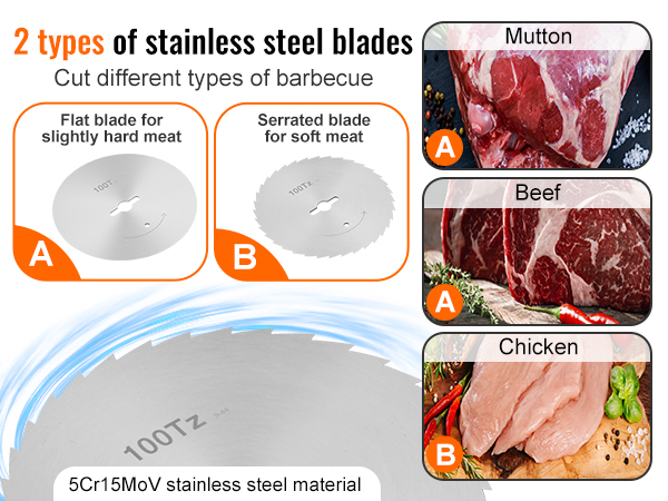 two types of stainless steel blades for VEVOR electric shawarma knife: flat for hard meats, serrated for soft.
