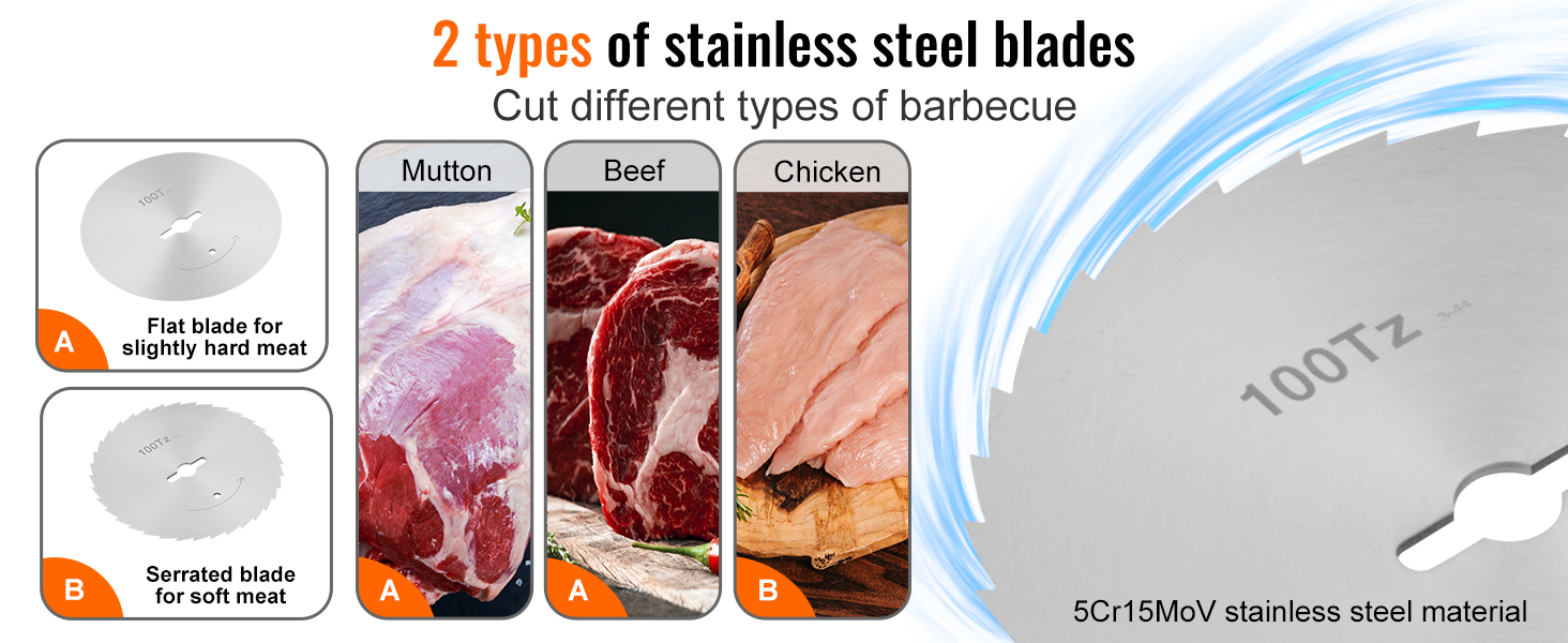 two types of stainless steel blades for VEVOR electric shawarma knife: flat for hard meats, serrated for soft.