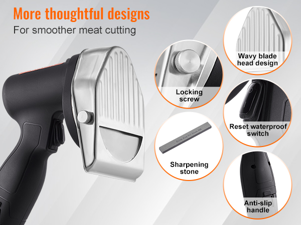 VEVOR electric shawarma knife with wavy blade, reset switch, anti-slip handle, locking screw, sharpening stone.