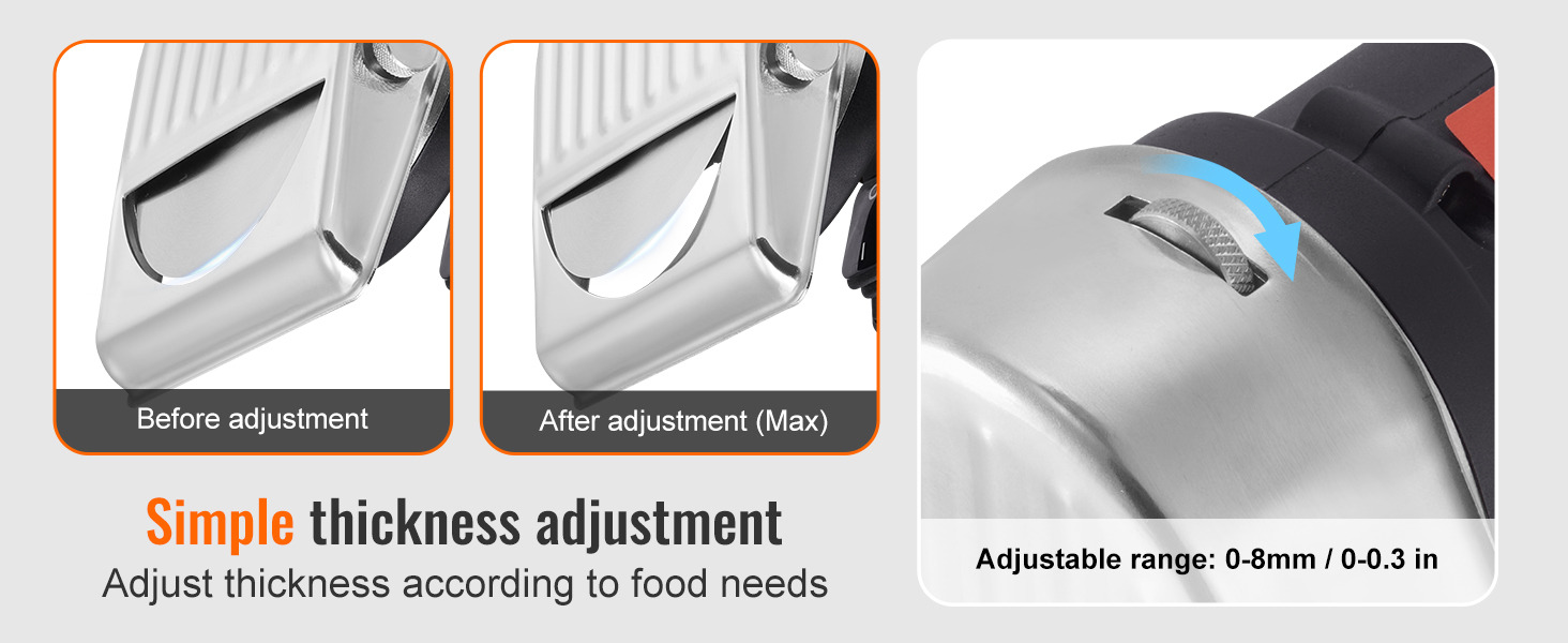 VEVOR electric shawarma knife showing simple thickness adjustment from 0-8mm (0-0.3 in).