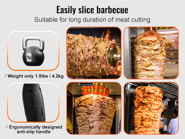 easily slice barbecue shawarma with a VEVOR electric shawarma knife, weighing only 1.9 lbs, for long use.