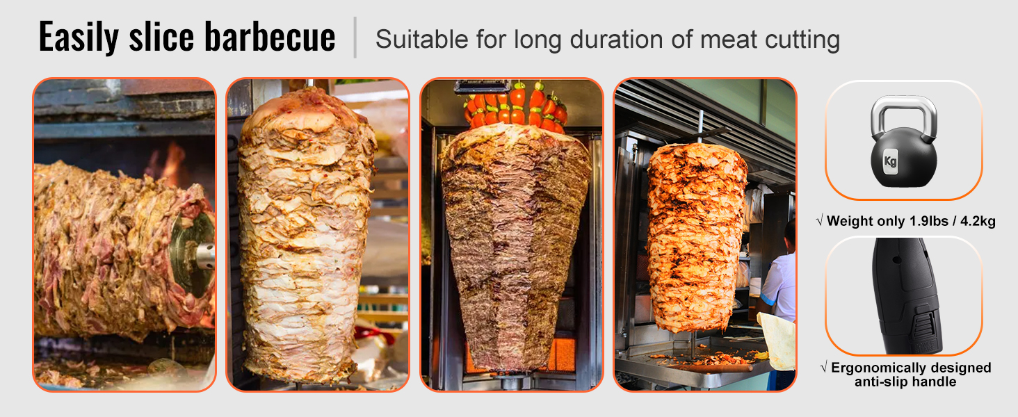 easily slice barbecue shawarma with a VEVOR electric shawarma knife, weighing only 1.9 lbs, for long use.