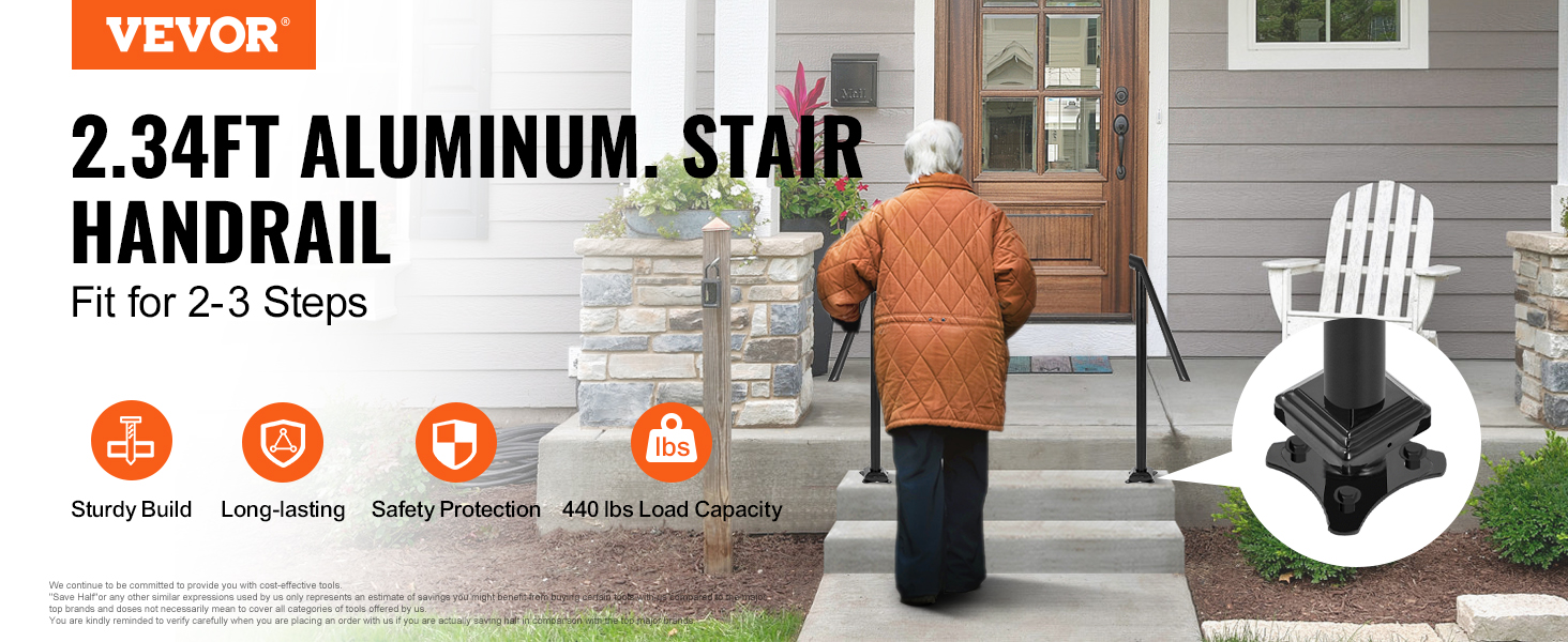 VEVOR step railing for 2-3 steps, sturdy aluminum handrail by garden and porch.