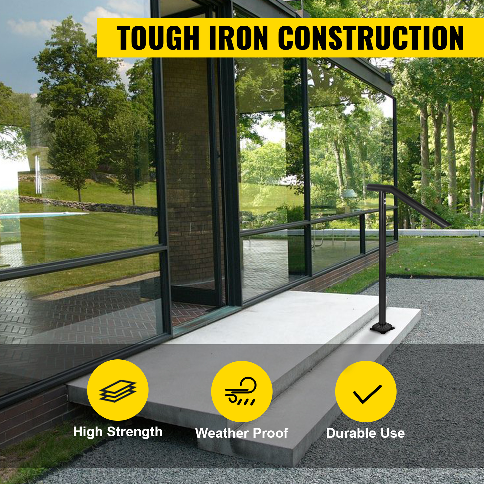 VEVOR step railing on outdoor steps beside glass building with garden view.