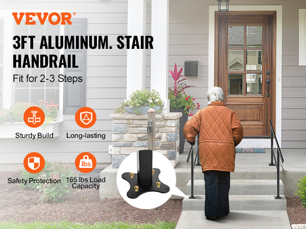 elderly person using VEVOR outdoor handrail for 2-3 step stairs, sturdy and safe build.