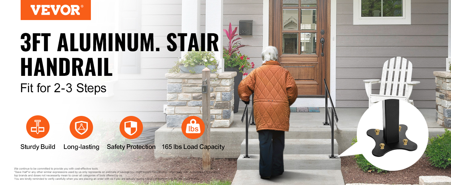 elderly person using VEVOR outdoor handrail for 2-3 step stairs, sturdy and safe build.