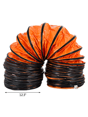 orange and black coiled VEVOR ducting hose with a 12.3-inch diameter displayed.