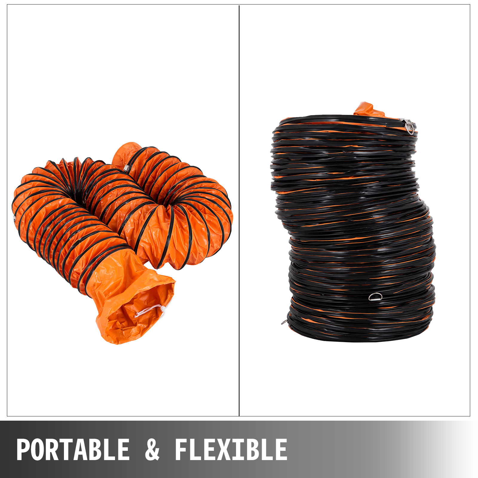 VEVOR ducting hose, orange and black, shown coiled and uncoiled, portable and flexible.
