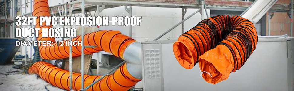 orange VEVOR ventilation hose, 32ft pvc explosion-proof, 12-inch diameter, in industrial use.