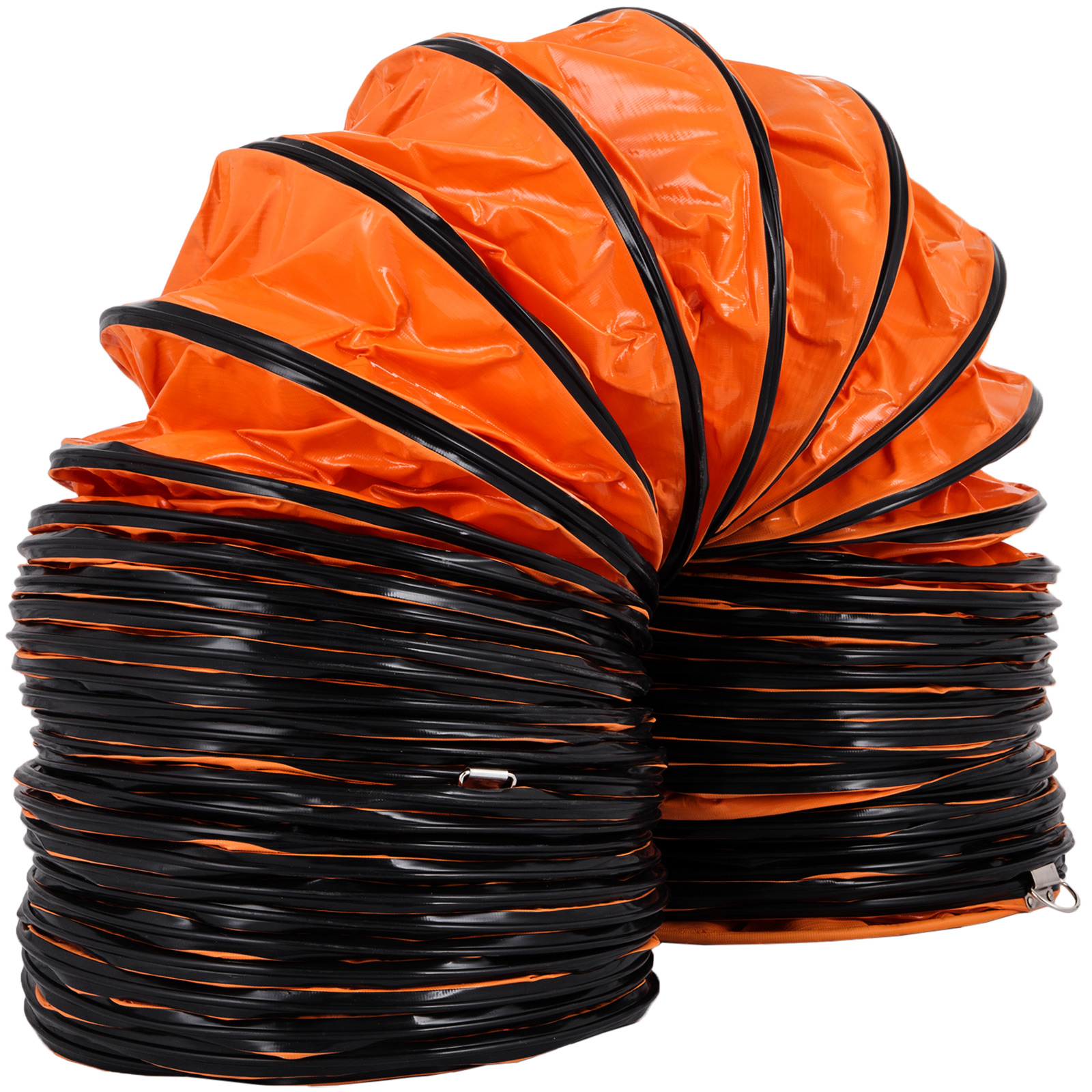 orange and black VEVOR ventilation hose coiled neatly with metal hooks.