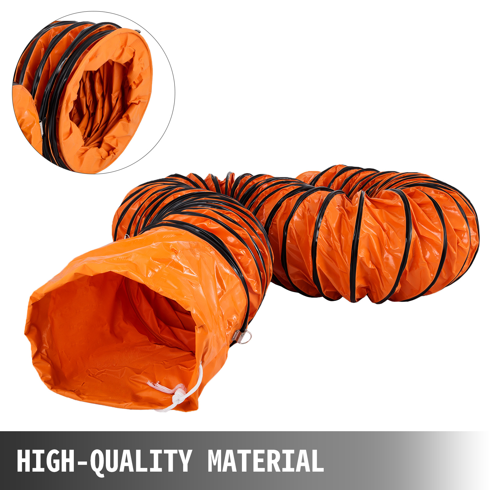 orange VEVOR ventilation hose with black rings, labeled "high-quality material".