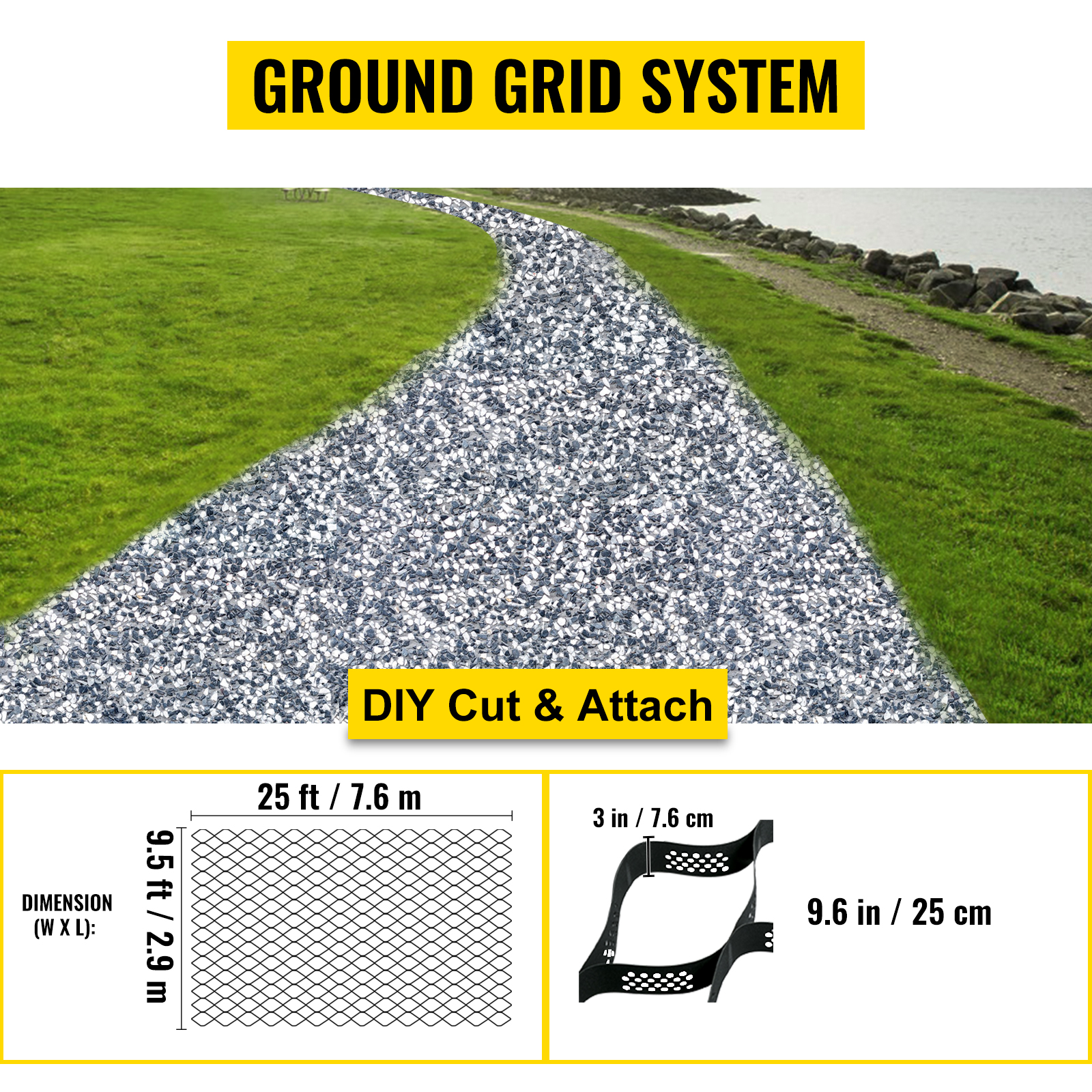 VEVOR zemes režģa sistēmas ceļš ar DIY griešanas un pievienošanas instrukcijām.