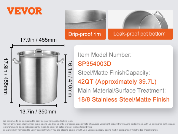 VEVOR stainless steel stockpot with drip-proof rim, leak-proof bottom, oil-resistant matte finish, 42qt.