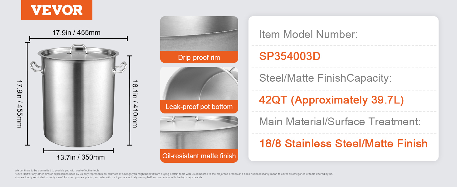 VEVOR stainless steel stockpot with drip-proof rim, leak-proof bottom, oil-resistant matte finish, 42qt.