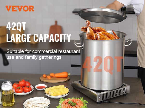 VEVOR stainless steel stockpot 42qt with roasted turkey, vegetables, and kitchen essentials.