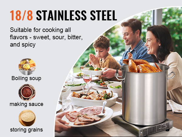 family dining outdoors with VEVOR stainless steel stockpot on cooker, serving chicken and various dishes.