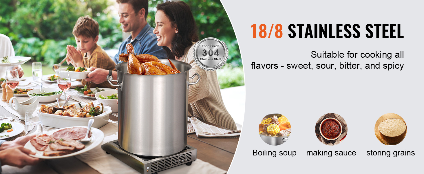 family dining outdoors with VEVOR stainless steel stockpot on cooker, serving chicken and various dishes.