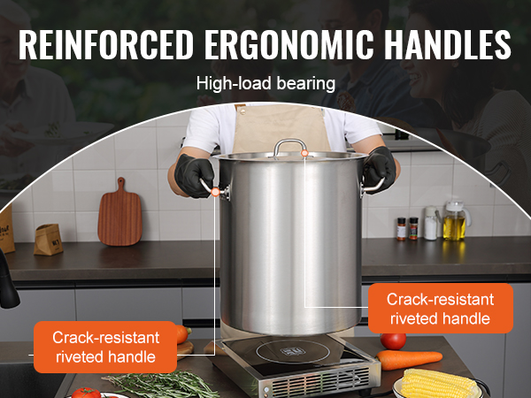 reinforced ergonomic handles on a VEVOR stainless steel stockpot in a kitchen setting with vegetables.
