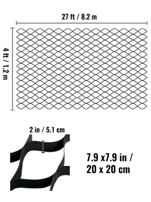 VEVOR ground grid, 27 ft x 4 ft mesh with 2 in cell depth, 7.9 x 7.9 in cell size.