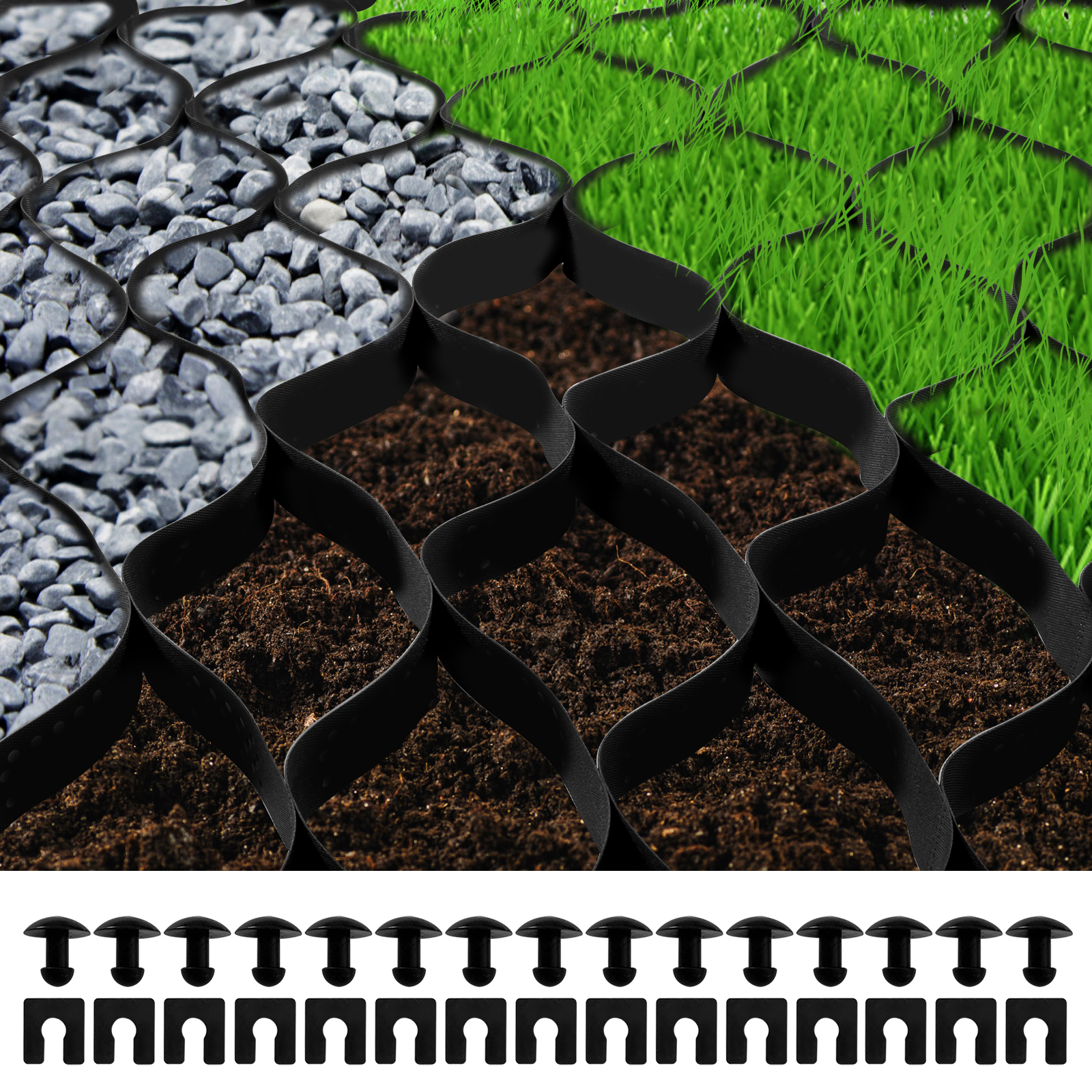 VEVOR ground grid with gravel, soil, and grass sections, featuring anchoring connectors.