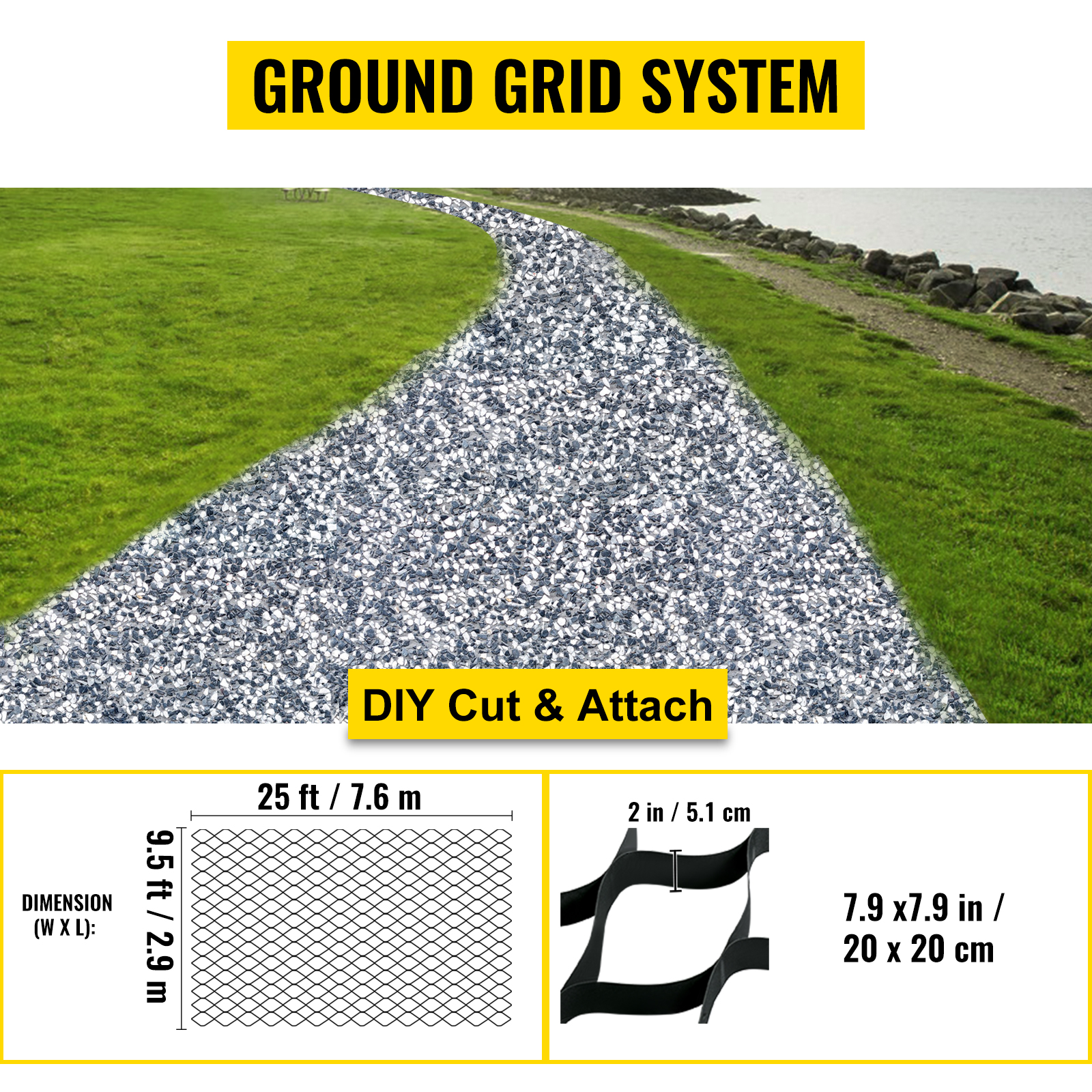 VEVOR ground grid path system for gravel installation, dimensions 25 ft x 9.5 ft.