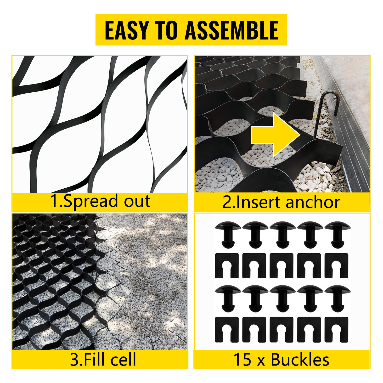 VEVOR ground grid assembly guide showing steps to spread, anchor, and fill cells.