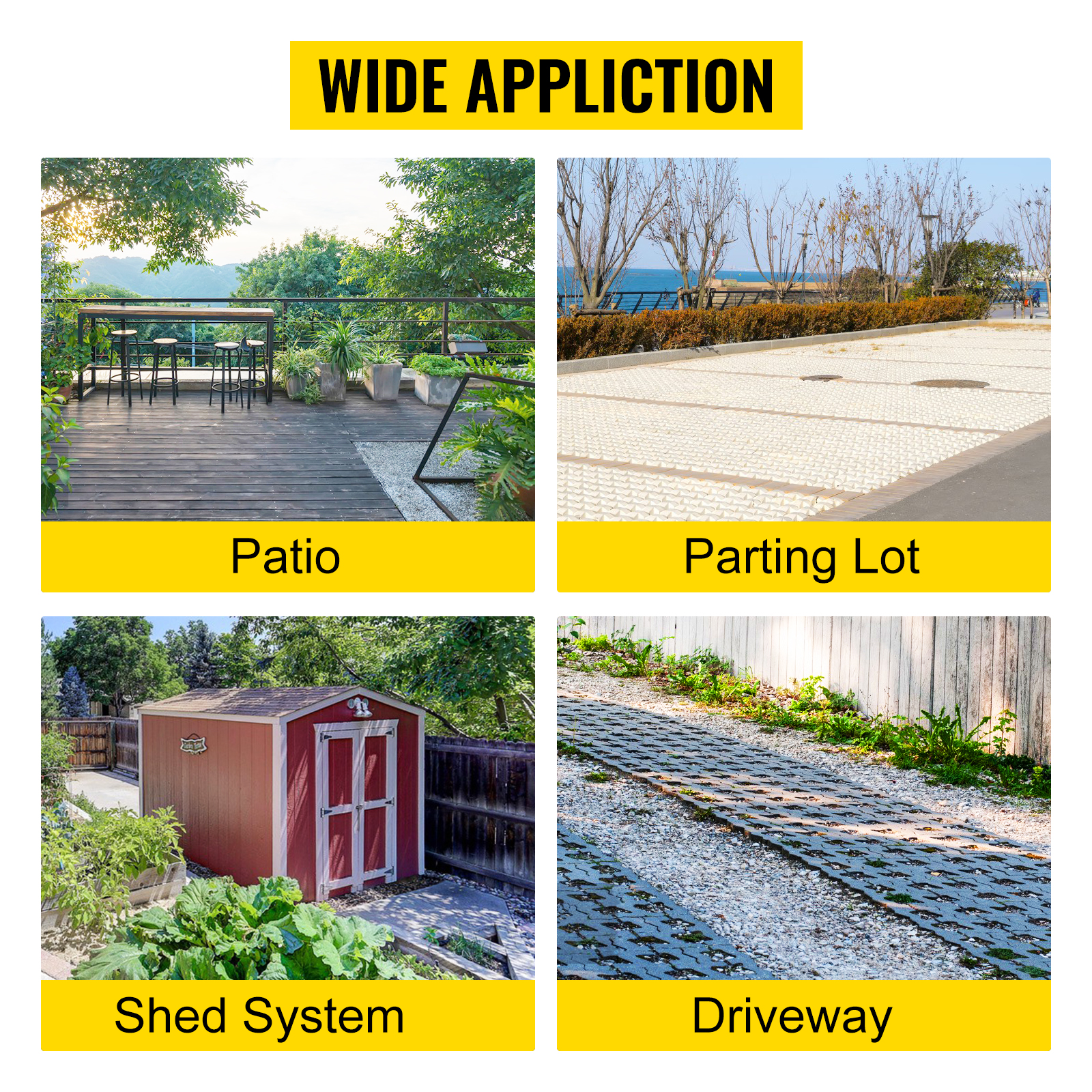 wide application of VEVOR ground grid in patio, parking lot, shed system, and driveway.