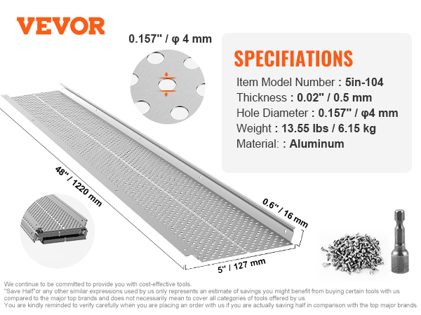 VEVOR gutter guard 48"x5" aluminum, 0.02" thick, 0.157" hole size, screws and bit included.