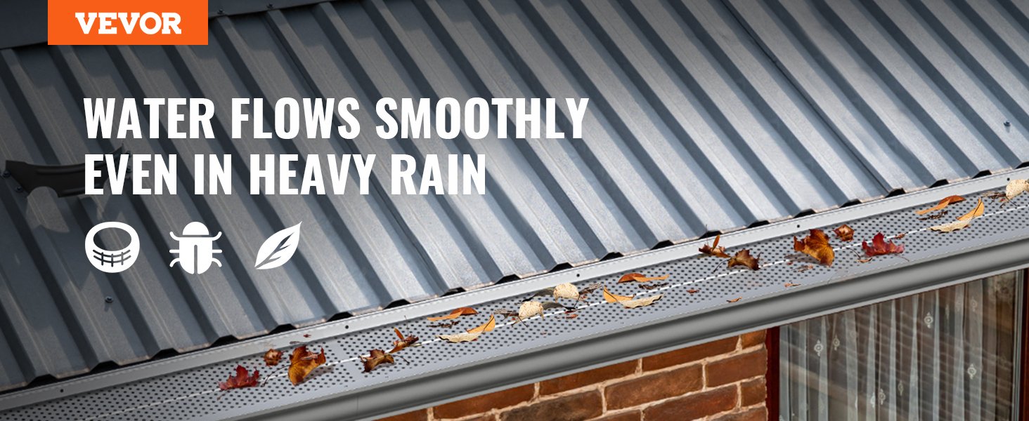 VEVOR gutter guard on a metal roof with fallen leaves, ensuring smooth water flow during heavy rain.